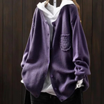 Der Ansley cozy cardigan, lavender textured knit, button front, cowl hood, patch chest pocket