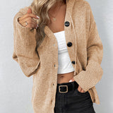 Women's knit hoodie cardigan with buttons, tan heather, long sleeves
