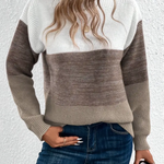 Two-tone long-sleeve sweater with crew neck, white upper section and brown lower panel