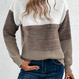 Two-tone long-sleeve sweater with crew neck, white upper section and brown lower panel
