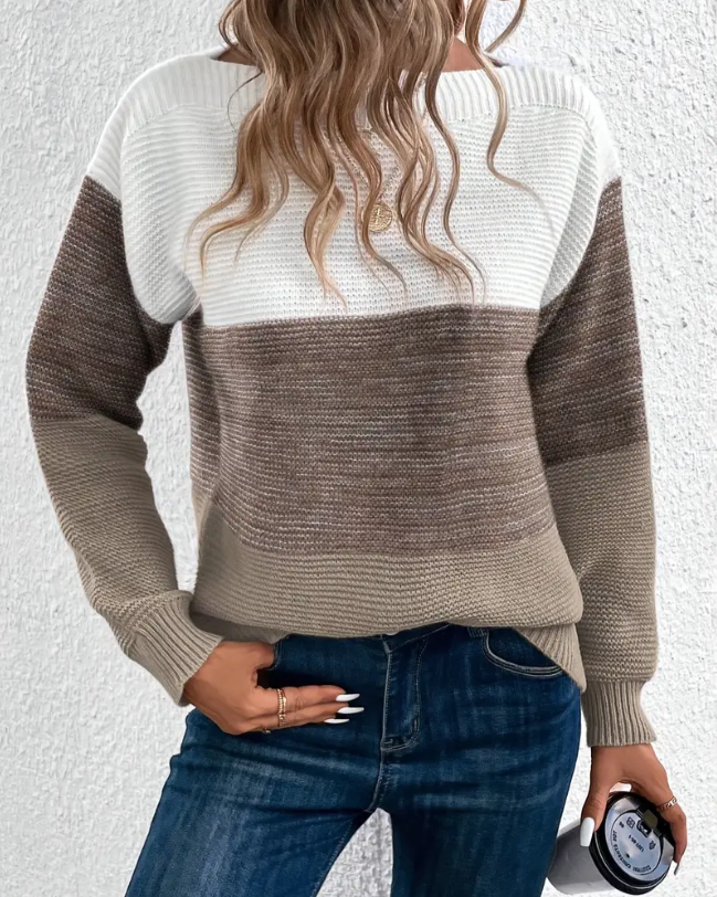 Two-tone long-sleeve sweater with crew neck, white upper section and brown lower panel