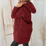 Burgundy hooded puffer down jacket with full-zip front and side pockets