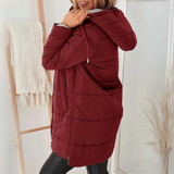 Burgundy hooded puffer down jacket with full-zip front and side pockets