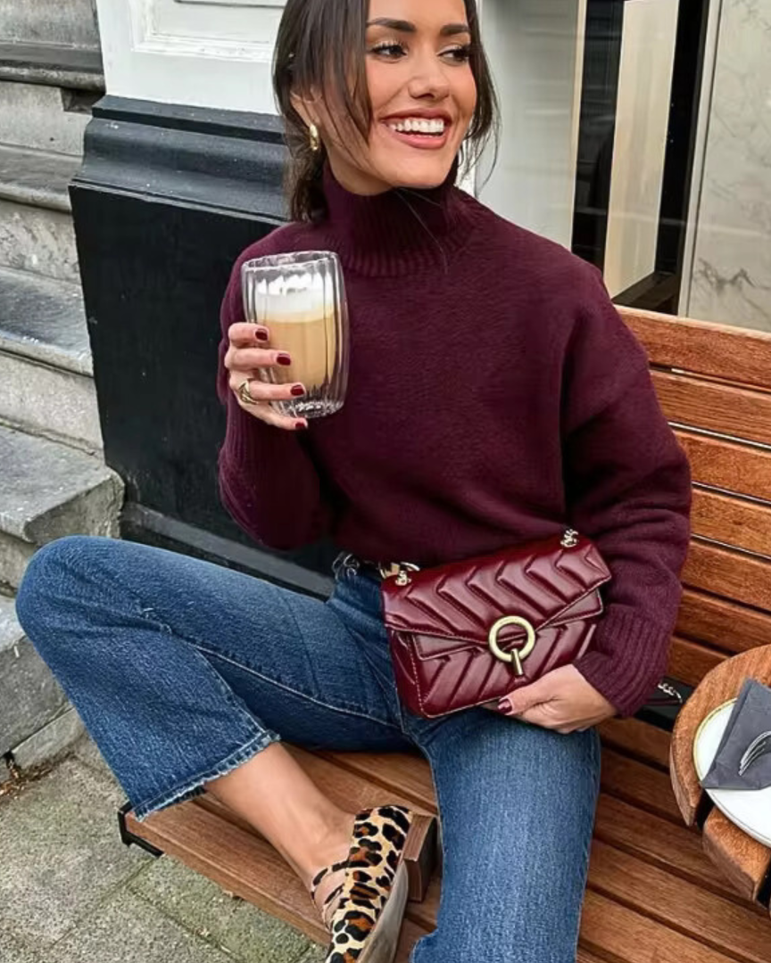 Burgundy ribbed knit turtleneck sweater with long sleeves