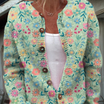 Light blue floral button pullover with V-neck, long sleeves, and brown front buttons