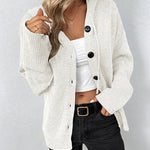 White hooded knit cardigan with button front and ribbed cuffs
