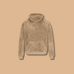 Fleece hoodie pullover in light khaki, front view with kangaroo pocket and hood.