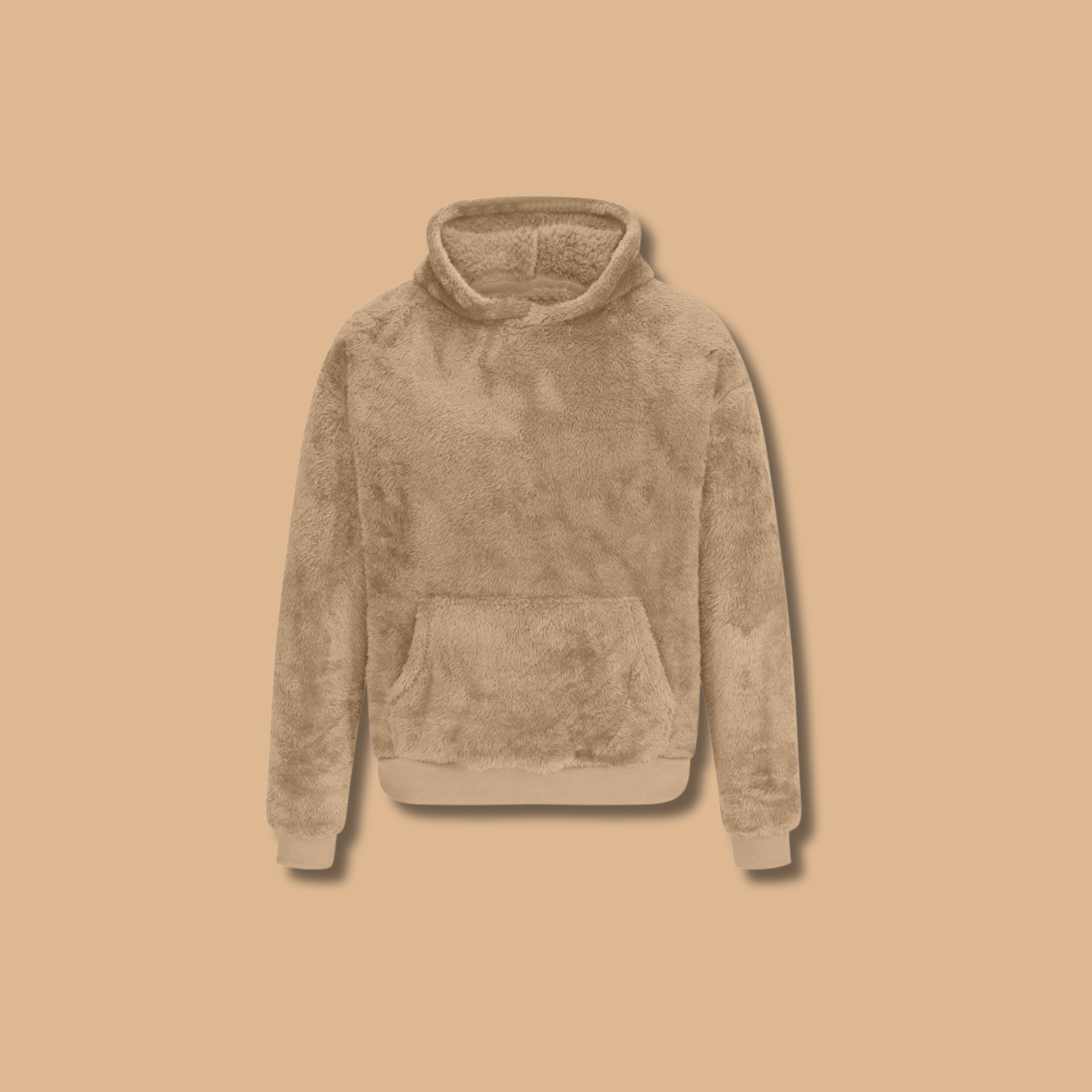 Fleece hoodie pullover in light khaki, front view with kangaroo pocket and hood.