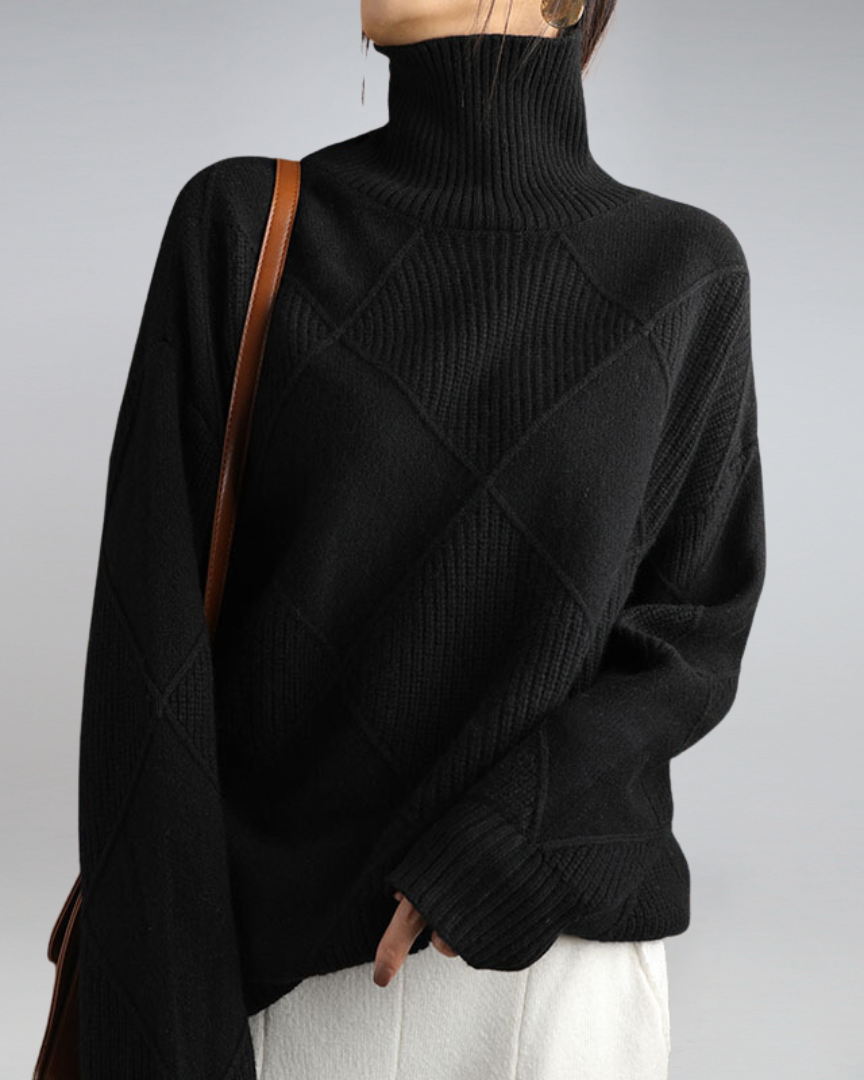 Black ribbed turtleneck sweater with diamond knit motif and long sleeves