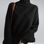 Black ribbed turtleneck sweater with diamond knit motif and long sleeves