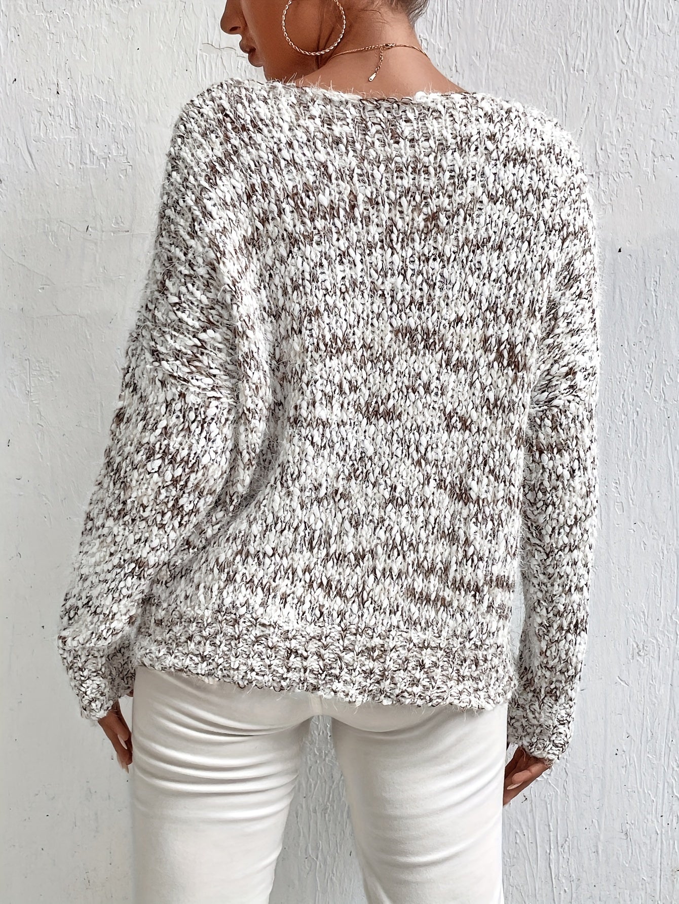Serina™ speckled long-sleeve pullover sweater, relaxed fit, dark heather gray-white knit