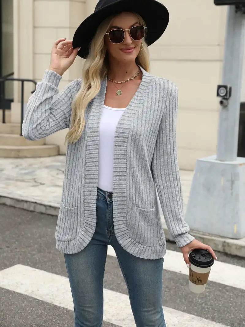 Ribbed knit cardigan with long sleeves, patch pockets, open front, light blue-gray