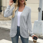 Ribbed knit cardigan with long sleeves, patch pockets, open front, light blue-gray