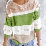 Olga™ striped pullover sweater, back scoop neck, green and white stripe blocks