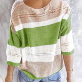 Olga™ striped pullover sweater, back scoop neck, green and white stripe blocks