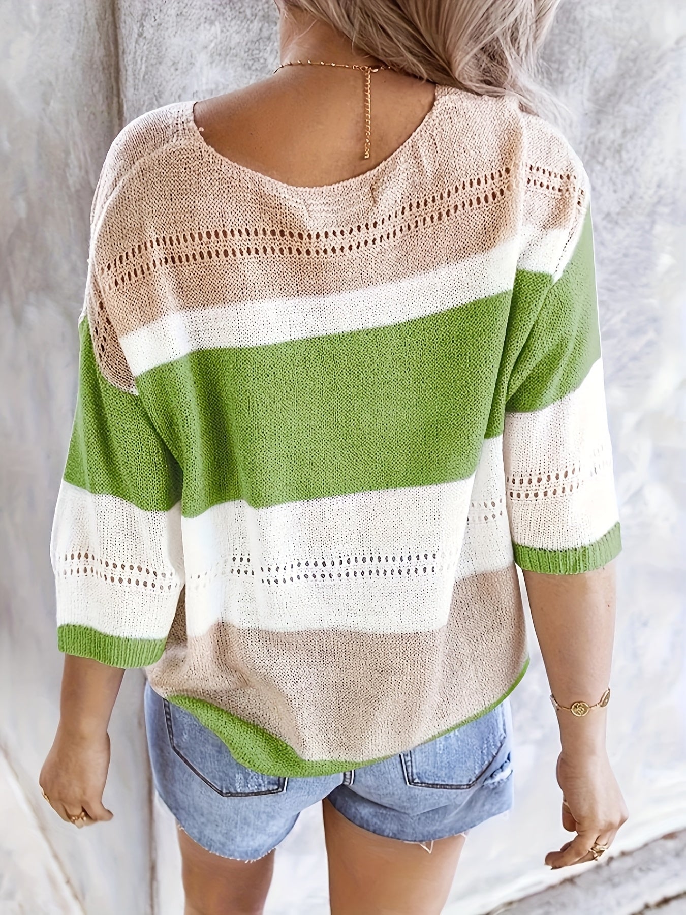 Olga™ striped pullover sweater, back scoop neck, green and white stripe blocks