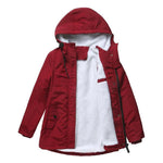 Insulated winter jacket with hood, red shell, plush fleece lining, front zipper
