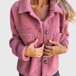 Pink sherpa jacket with button placket and flap pockets