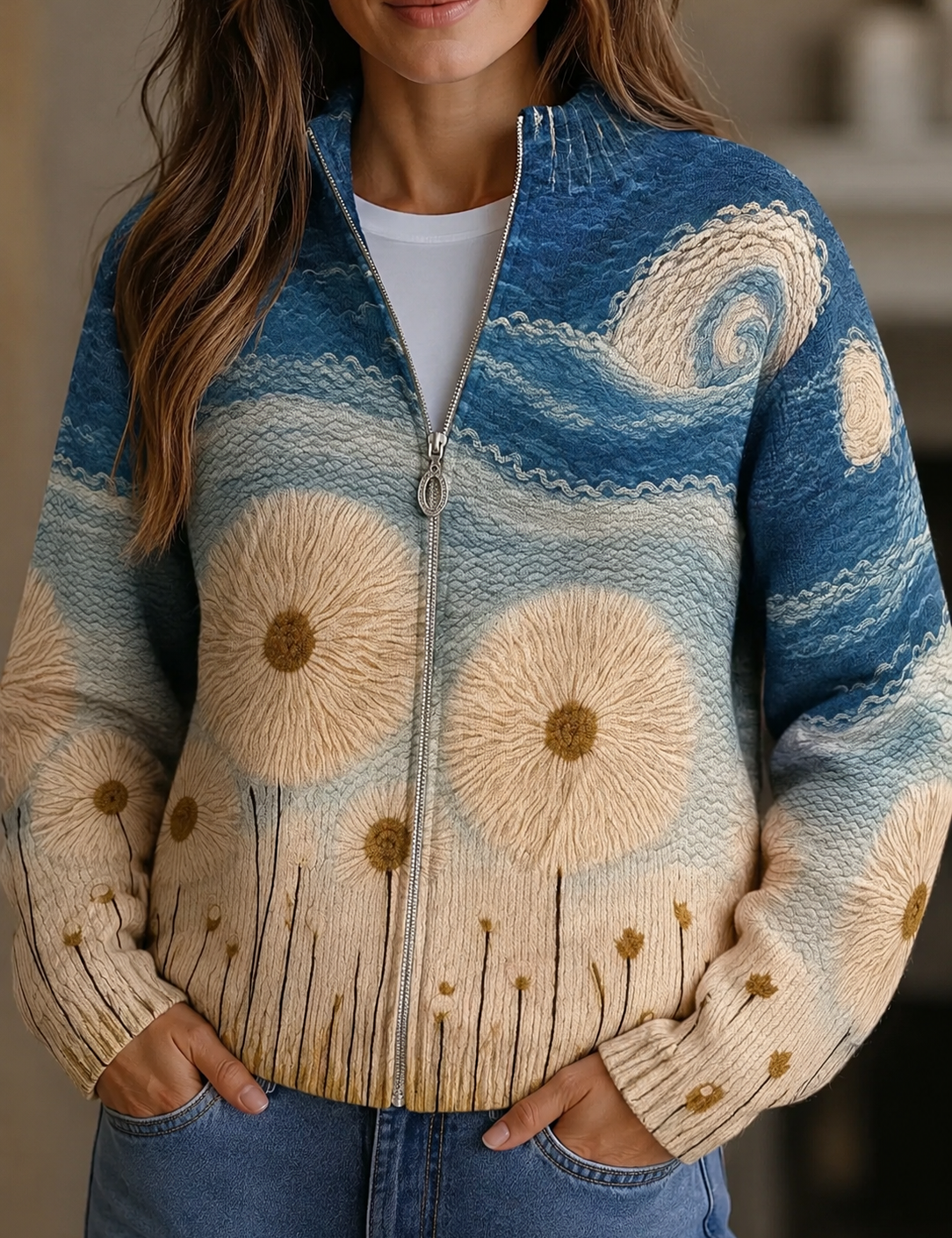 Women's quilted zip-front cardigan with blue ombré floral pattern