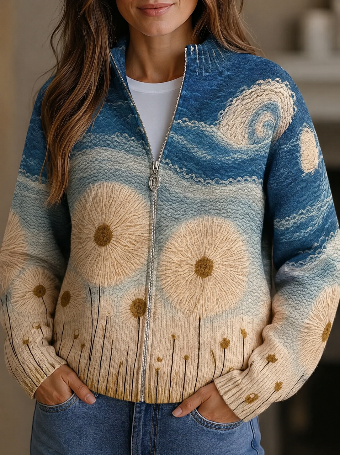 Women's quilted zip-front cardigan with blue ombré floral pattern