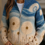 Women's quilted zip-front cardigan with blue ombré floral pattern