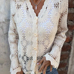 White lace cardigan with V-neck, button front, and long sleeves; openwork floral knit