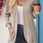Ribbed knit cardigan with long sleeves, patch pockets, open front, heather gray-beige detail