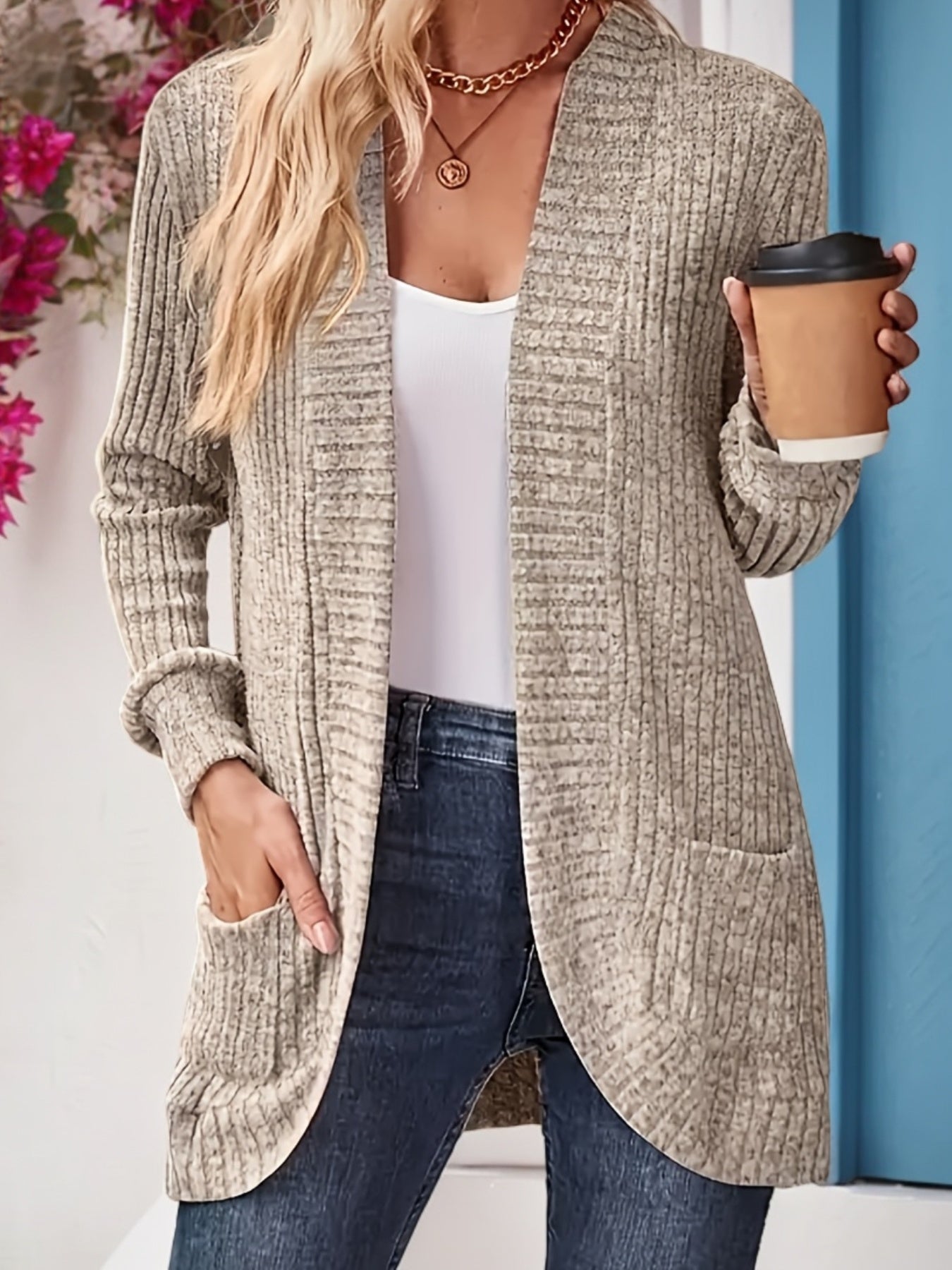 Ribbed knit cardigan with long sleeves, patch pockets, open front, heather gray-beige detail