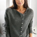 Grey heather knit pullover with V-neck and front button placket, long sleeves