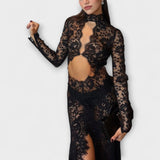 Azalee - Eleganz der Mitternacht Maxikleid mit langen transparenten Spitzenärmeln