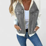 Zoeylynn refined jacket with gray denim front, cream contrast sleeves, zip front, chest pockets