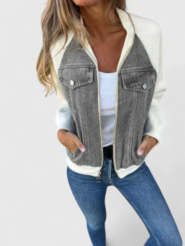 Zoeylynn refined jacket with gray denim front, cream contrast sleeves, zip front, chest pockets