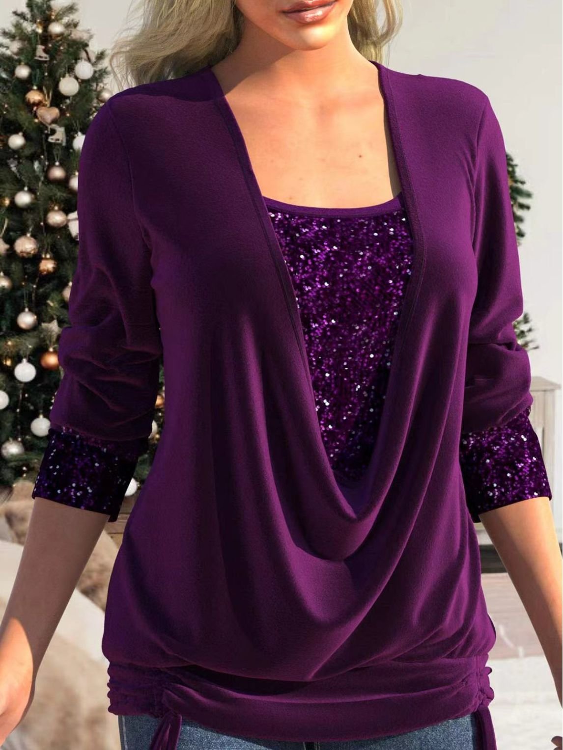 Purple glitter sequin top with draped V-neck and long sleeves