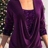 Purple glitter sequin top with draped V-neck and long sleeves