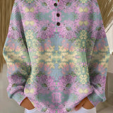 Ethnic floral pullover with long sleeves, light pink, and button placket
