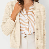 Cream knit cardigan with button front, textured knit, and ribbed cuffs, front view