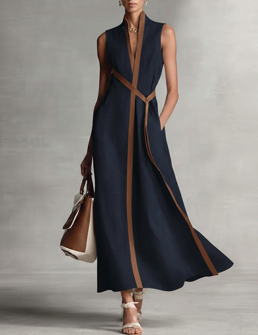 Lightweight breeze dress, sleeveless navy with V-neck and wrap-front trim