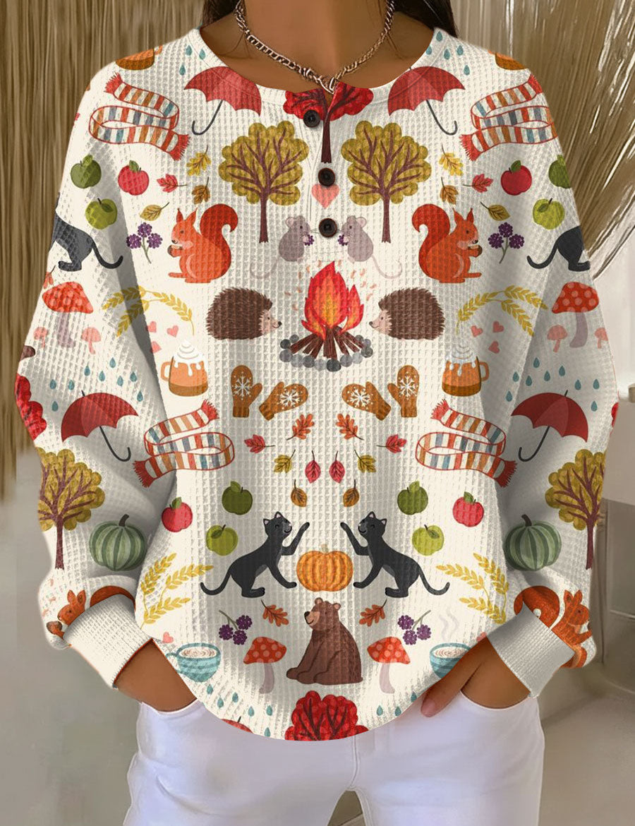 Alma™ long-sleeve knit pullover, colorful autumn animal and leaf pattern