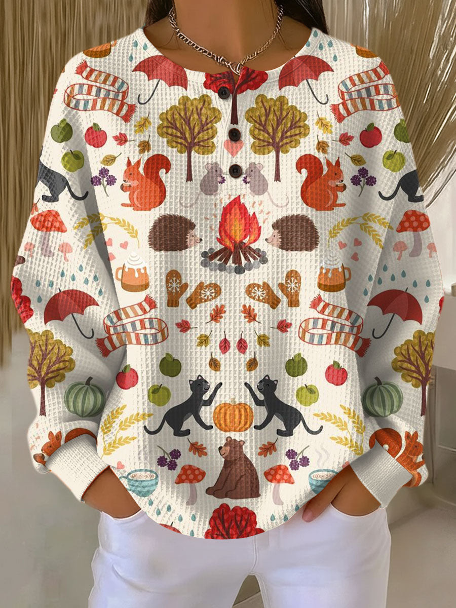 Alma™ long-sleeve knit pullover, colorful autumn animal and leaf pattern