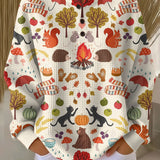 Alma™ long-sleeve knit pullover, colorful autumn animal and leaf pattern