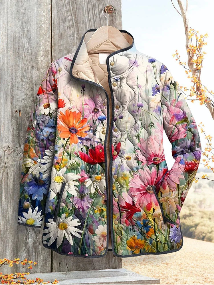 Women’s vintage floral quilted casual jacket, multicolor print with snap buttons