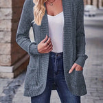 Ribbed knit cardigan with long sleeves and patch pockets, open front, heather dark gray