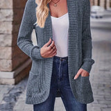 Ribbed knit cardigan with long sleeves and patch pockets, open front, heather dark gray