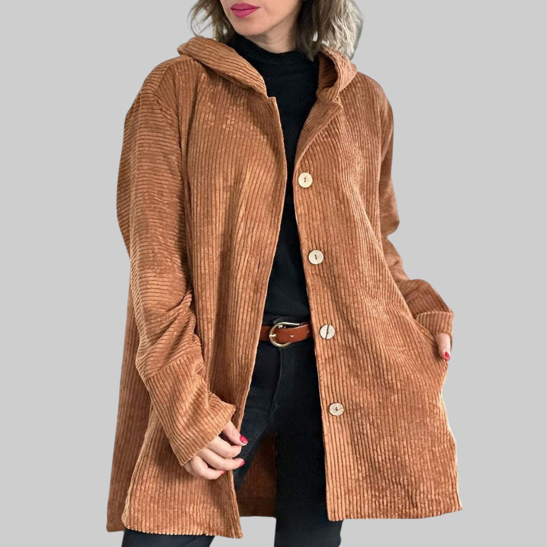 Cordia™ hooded jacket in tan brown with button front and side pockets