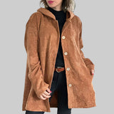 Cordia™ hooded jacket in tan brown with button front and side pockets