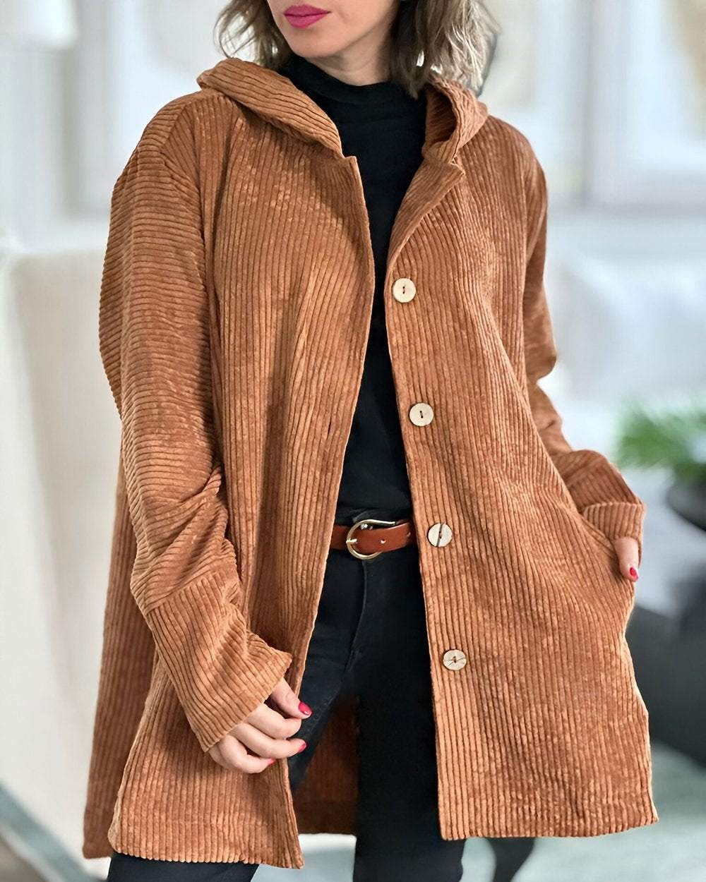 Camel brown corduroy hooded jacket with button front and side pockets