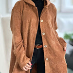 Camel brown corduroy hooded jacket with button front and side pockets