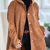 Camel brown corduroy hooded jacket with button front and side pockets