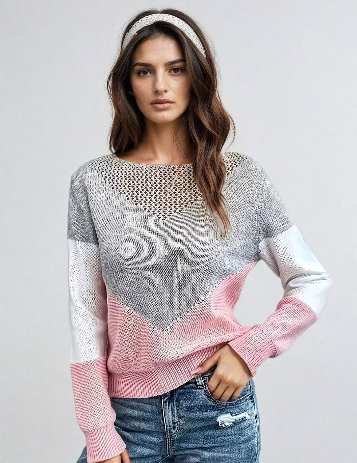 Loose knit sweater with chevron heart, gray and pink, white long sleeves