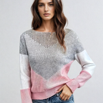 Loose knit sweater with chevron heart, gray and pink, white long sleeves